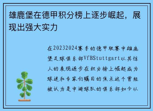 雄鹿堡在德甲积分榜上逐步崛起，展现出强大实力