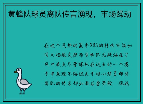 黄蜂队球员离队传言湧现，市场躁动