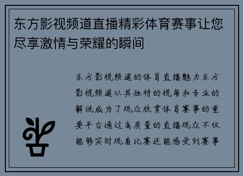 东方影视频道直播精彩体育赛事让您尽享激情与荣耀的瞬间