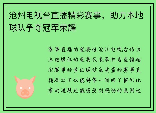 沧州电视台直播精彩赛事，助力本地球队争夺冠军荣耀